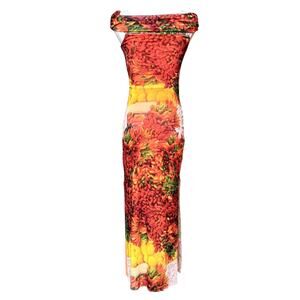 Zara Tulle Jersey Off Shoulder Maxi Floral Print Dress Size S Side Slit
